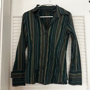 New York & Company Green Striped Holiday Y2K Button Down Shirt Small